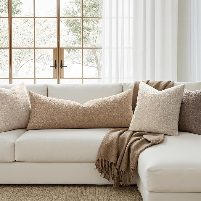 MIULEE Textured Boucle Throw Pillow Cover Khaki Accent Solid Lumbar Pillow Case Decorative Soft Pack of 1 Couch Cushion Chair Sofa Bedroom Livingroom Home Decor,36x14 Inch