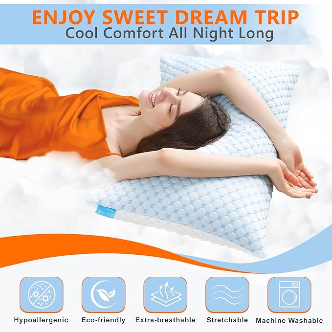 Cooling Memory Foam Pillows for Sleeping Firm and Soft, King Size Set of 2, Original Adjustable Pillows for Side, Back or Stomach Sleepers (2, Blue, King)