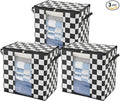 Black and White Checkered Clothes Storage Bins, 100L Large Blanket Storage Bags 3 Pack, Closet Organizers and Storage Containers for Comforters, Bedding, Foldable Organizer with Handle
