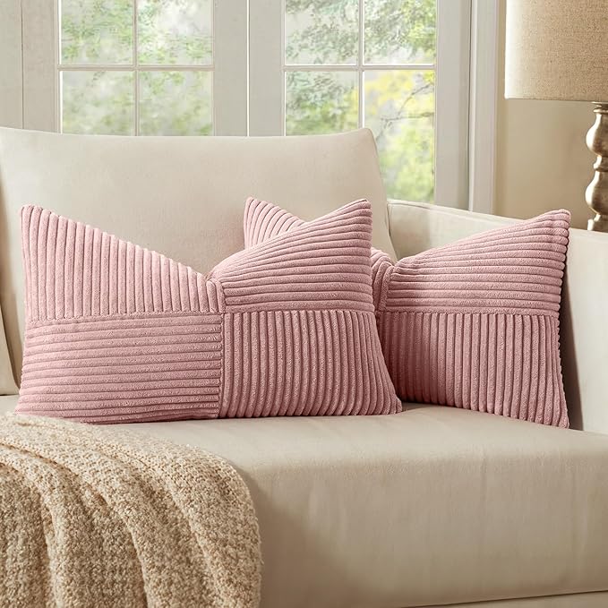 MIULEE Pink Corduroy Pillow Covers Pack of 2 Boho Decorative Spliced Throw Pillow Covers Soft Solid Couch Pillowcases Cross Patchwork Cushion Covers for Living Room Bed Sofa 12x20 inch Valentines Day