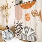 Boho Mid Century Leaf Shower Curtain Set,Arch Sun Design,Minimalistic Leaves Pattern,Waterproof and Luxurious Fabric-12 Hooks(Orange-72" x 84")