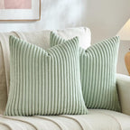 Fancy Homi Set of 2 Sage Green Boho Decorative Throw Pillow Covers 18x18 Inch for Bedroom Couch Bed, Soft Fuzzy Cozy Striped Corduroy Cushion Case 45cm, Bohemian Modern Farmhouse Home Decor