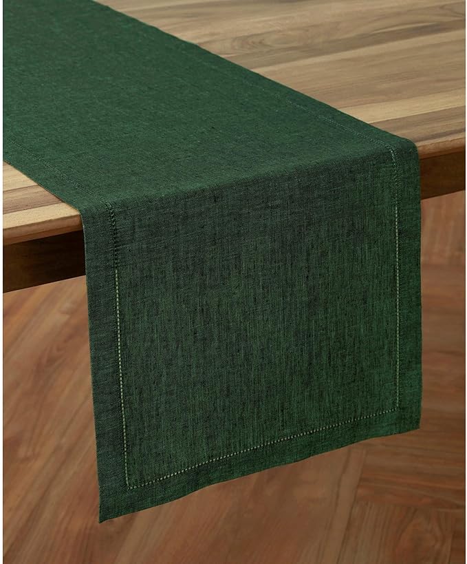 Solino Home Linen Forest Green Table Runner 72 Inches Long - 100% Pure Linen Hemstitch Table Runner 14 x 72 Inch for Dresser, Dining, Fall, Autumn, Thanksgiving, Christmas - Milan