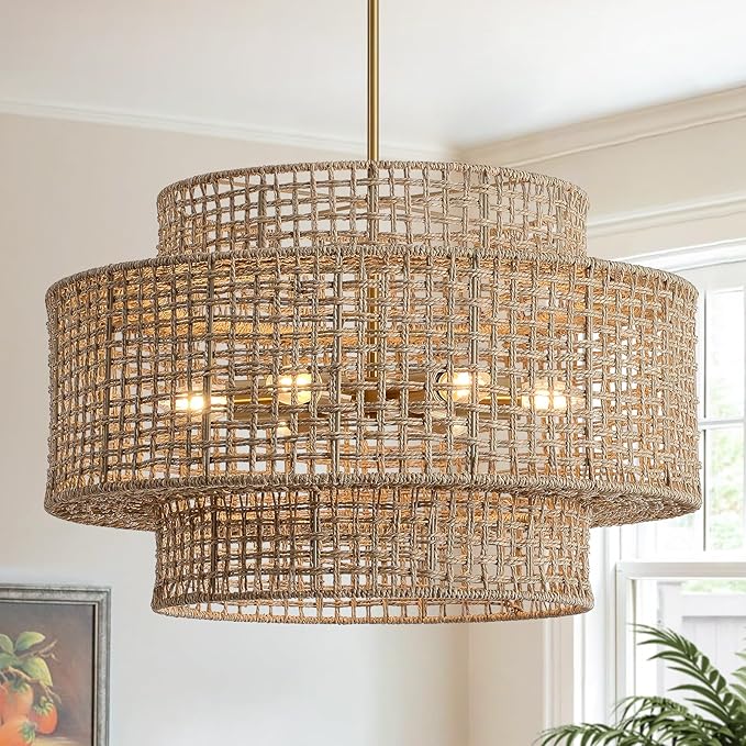 24” Rattan Chandelier for Dining Room, Large Boho 6-Light Rustic Chandeliers Light Fixture with Wicker Shade, Hand Woven Farmhouse Pendant Lighting for Kitchen Bedroom, Living Room, Foyer