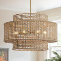 24” Rattan Chandelier for Dining Room, Large Boho 6-Light Rustic Chandeliers Light Fixture with Wicker Shade, Hand Woven Farmhouse Pendant Lighting for Kitchen Bedroom, Living Room, Foyer