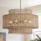 24” Rattan Chandelier for Dining Room, Large Boho 6-Light Rustic Chandeliers Light Fixture with Wicker Shade, Hand Woven Farmhouse Pendant Lighting for Kitchen Bedroom, Living Room, Foyer