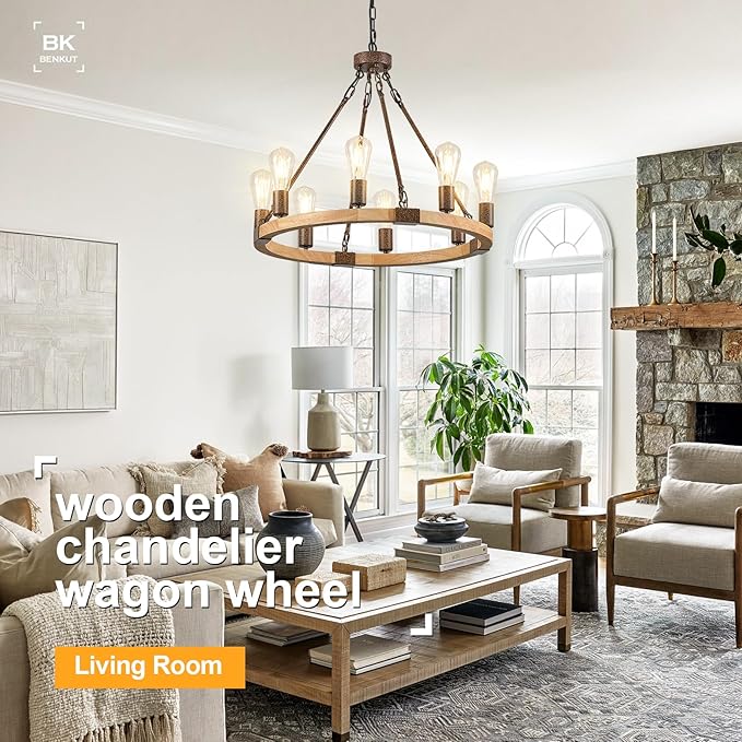 Farmhouse Wagon Wheel Chandelier 23.6" Wooden Rustic Light Fixtures 8-Light Wood Round Chandelier for Dining Room Kitchen Entryway Foyer