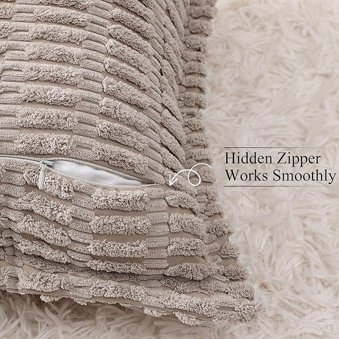 decorUhome Decorative Khaki Throw Pillow Covers 22x22 Set of 2 with Splicing, Boho Soft Neutral Corduroy Broadside Twill Pillow Covers for Couch Bed Sofa Living Room