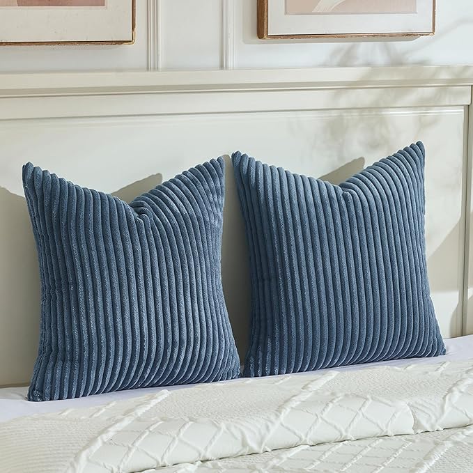 Fancy Homi Set of 2 Dusty Blue Boho Decorative Throw Pillow Covers 24x24 Inch for Couch Bed Sofa, Aesthetic Modern Bohemian Room Decor, Soft Fuzzy Fluffy Cozy Corduroy Textured Cushion Case 60x60cm