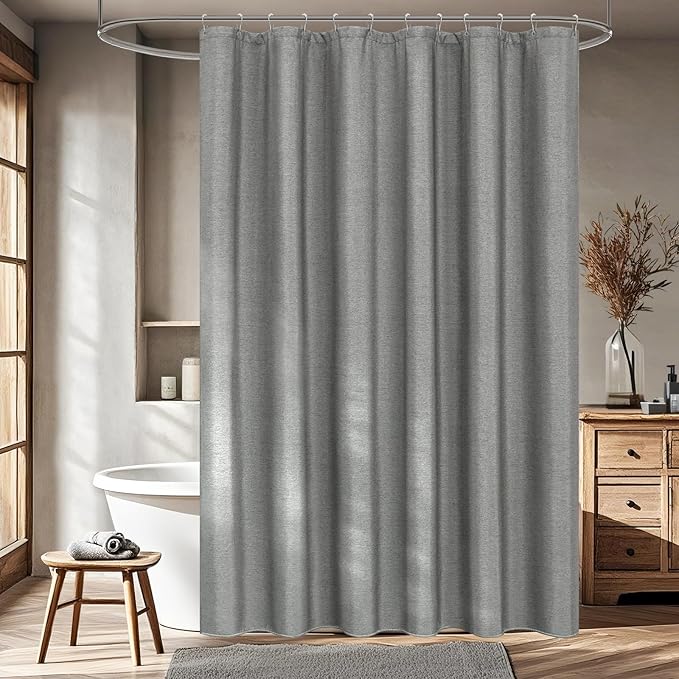 Grey Faux Linen Textured Fabric Shower Curtain, Heavy Duty Linen Look Hotel Shower Curtain Water-Resistant, 72 x 72 Inch Natural Gray Bathroom Shower Curtains Wrinkle-Free, Machine Washable