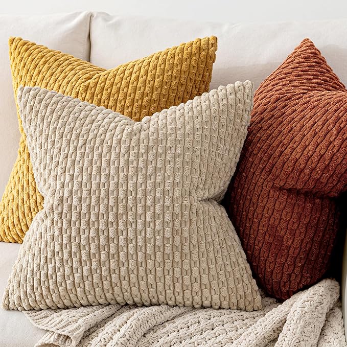 MIULEE Rust Throw Pillow Covers Soft Corduroy Decorative Set of 2 Boho Striped Pillow Covers Pillowcases Farmhouse Home Decor for Couch Bed Sofa Living Room 20x20 Inch