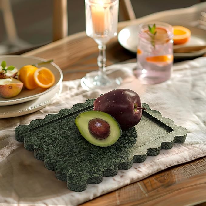 Genuine Indian Green Scalloped Marble Tray, Real Natural Marble Stone Trays, Luxury Decorative Trays for Bathroom, Dresser, Vanity, Home Decor, 10.6" x 8", Dark Emerald Green