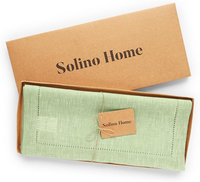 Solino Home Linen Table Runner 108 Inches Long - Milan Hemstitch 100% Pure Linen Pistachio Dining Table Runner 14 x 108 Inch - Holiday