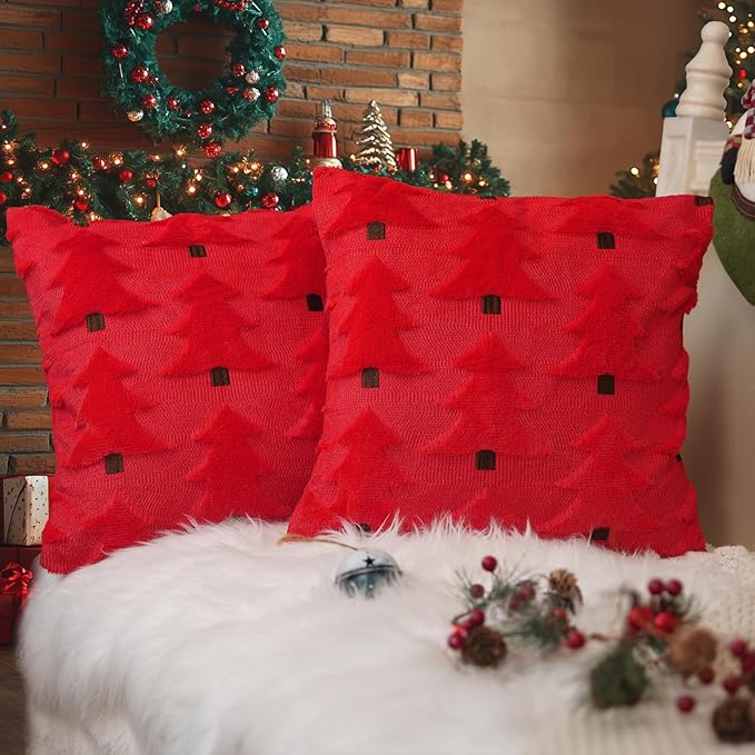 GEEORY Christmas Pillow Covers 24x24 Inch Set of 2, Christmas Decorations Xmas Tree Soft Plush Fluffy Faux Fur Decorative Throw Pillows Farmhouse Winter Cushion Case Red Brown GC035-24
