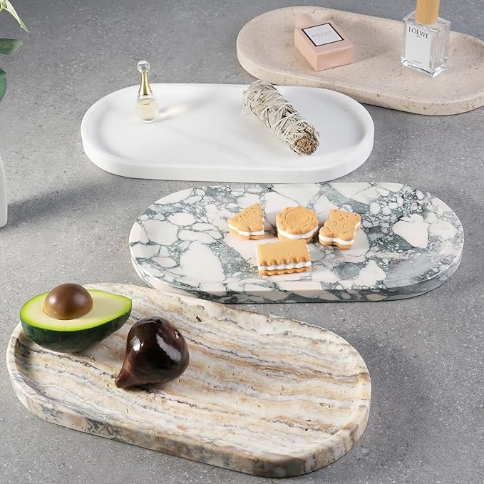 Koville Marble Vanity Tray for Decor, Natural Bathroom Tray for Bathroom Countertop, Stone Decorative Trays for Dresser Organizer, Storage Trays for Perfume, Jewelry Holder(Beige Yellow)