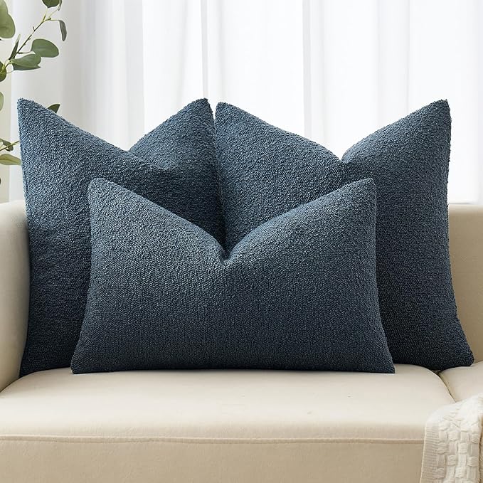 MIULEE 18x18 Inch Decorative Pillow Covers for Couch Bed Set of 2 Textured Boucle Neutral Winter Throw Pillows Dark Blue Accent Solid Cushion Pillowcases Sofa Livingroom Home Decor