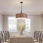 Shrine Lighting Drum Chandeliers, Farmhouse Style, Perfect Drum Pendant Light for Dining Room, D21'' x H8'', Adjustable Chains 59'', E26*3 Sockets, Brown Linen Fabric Lampshade & Black Rod