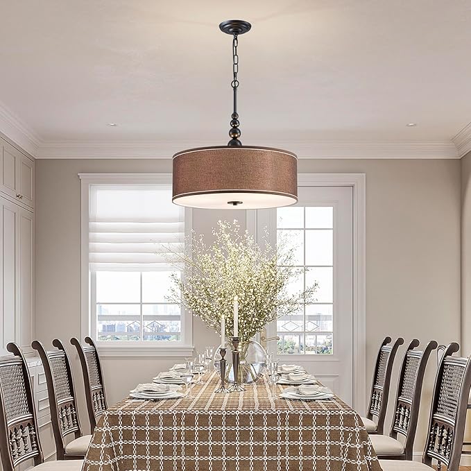 Shrine Lighting Drum Chandeliers, Farmhouse Style, Perfect Drum Pendant Light for Dining Room, D21'' x H8'', Adjustable Chains 59'', E26*3 Sockets, Brown Linen Fabric Lampshade & Black Rod