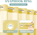 Yellow No Hook Waffle Weave Shower Curtain with snap-in Liner Replacement, 230GSM Waterproof Fabric Hotel Shower Curtain Set for Bathroom, Through Mesh Top Window,71Wx74H