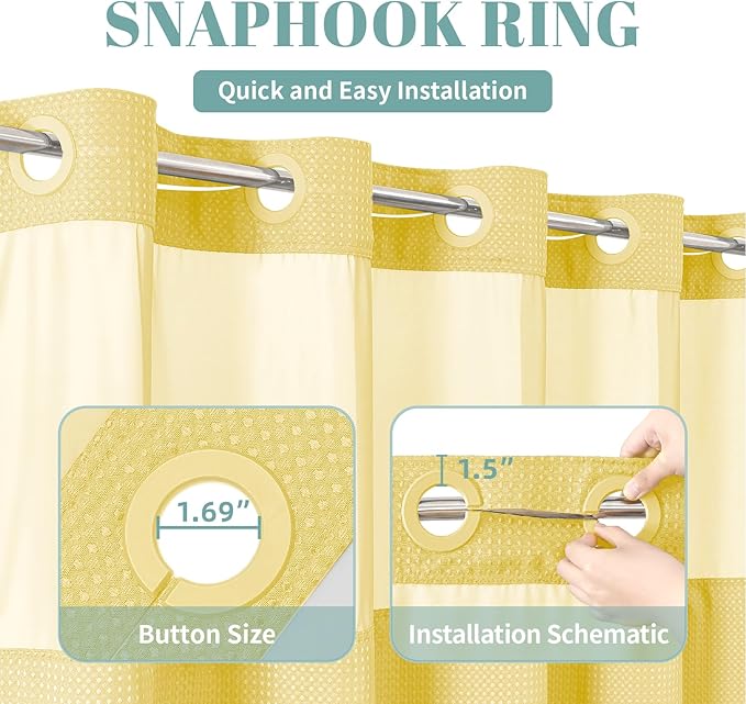 Yellow No Hook Waffle Weave Shower Curtain with snap-in Liner Replacement, 230GSM Waterproof Fabric Hotel Shower Curtain Set for Bathroom, Through Mesh Top Window,71Wx74H