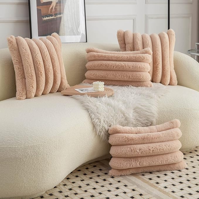 Neelvin Camel Faux Fur Cozy Soft Striped Decorative Throw Pillow Covers 12x20 inch Set of 2,Velvet Pillowcase Cushion Case for Sofa Couch