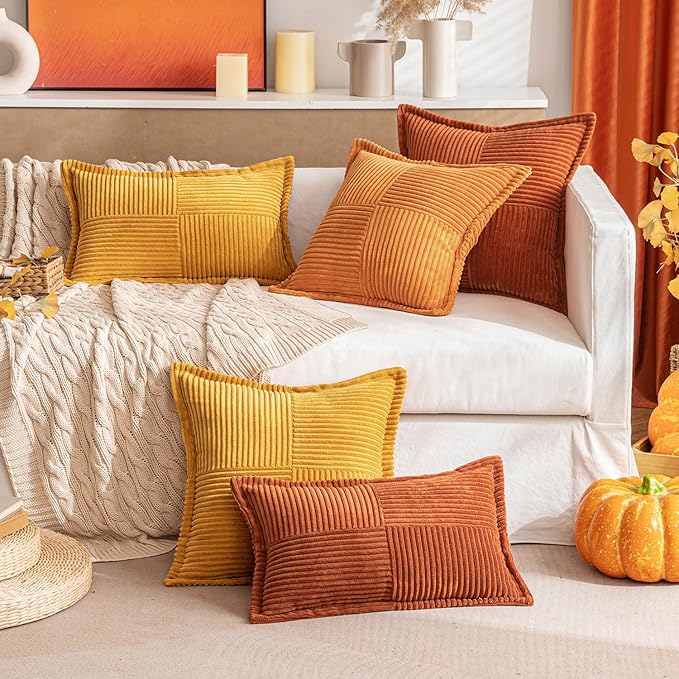 MIULEE Burnt Orange Fall Decorative Throw Pillow Covers for Couch Bed Livingroom 16x16 Inch Set of 2 Boho Accent Throw Pllows Broadside Striped Patchwork Soft Corduroy Pillowcases