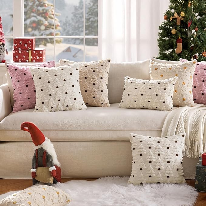 MIULEE Christmas Tree Decorative Pillow Covers Faux Fur Wool Throw Pillows Soft Plush Cushion Covers Set of 2 Xmas Home Decor Winter Holiday for Sofa Couch Livingroom Bed 18x18 Inch Beige