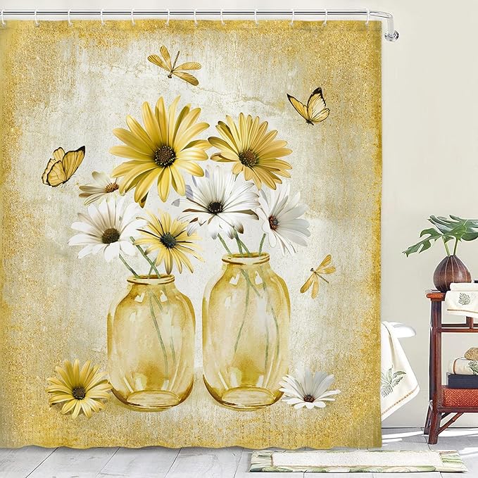 Rustic Farmhouse Yellow Floral Shower Curtain, Sage Green Daisy Flowers Butterfly Dragonfly on Abstract Aesthetic Country Wooden Boho Shower Curtain Set, White Bathroom Accessory with Hooks, 60X70