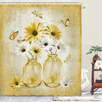 Rustic Farmhouse Yellow Floral Shower Curtain, Sage Green Daisy Flowers Butterfly Dragonfly on Abstract Aesthetic Country Wooden Boho Shower Curtain Set, White Bathroom Accessory with Hooks, 60X70