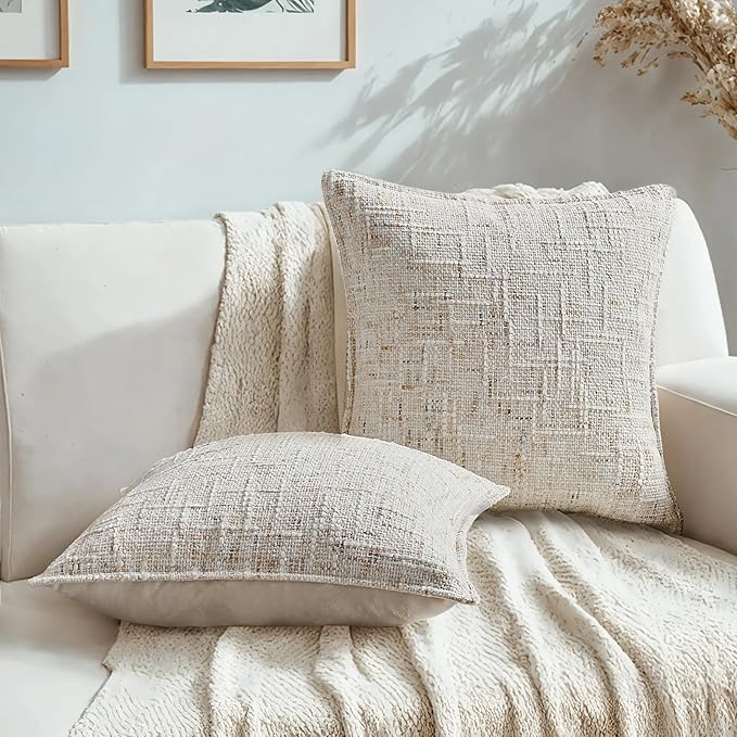 HAUSSY Cream White Throw Pillow Covers 20x20 Set of 2 Chenille Tweed Textured Decorative Couch Lumbar Pillow Covers Neutral Modern Pillow Cases for Sofa Bed Living Room Decor