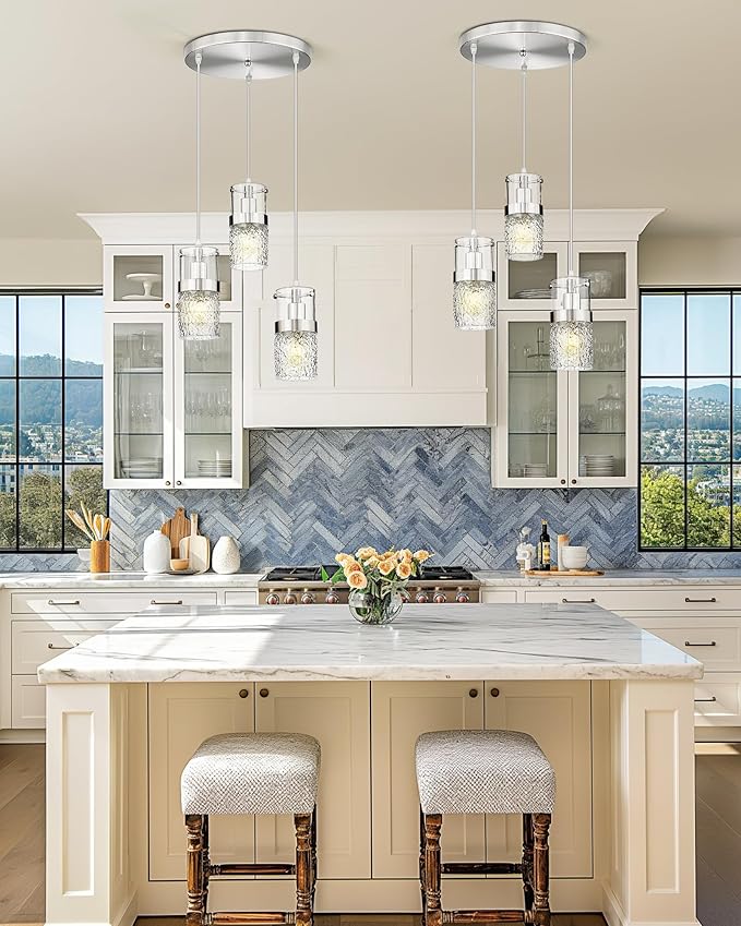 LMS 3-Light Brushed Nickel Cluster Pendant Light, Modern Dining Room Light Fixture with Hammered Glass, Hanging Chandelier Lighting for Dining Room, Kitchen Island, Bedroom, LMS-198