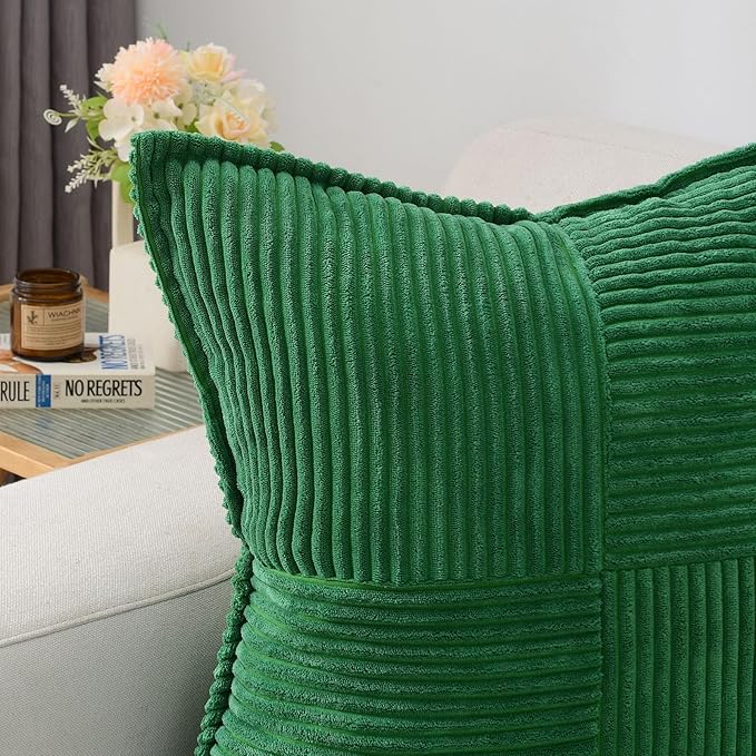 HAUSSY Emerald Green Throw Pillow Covers 20x20 Inch Set of 2,Soft Solid Corduroy Striped/Wide Bordered,Square Decorative Cushion Case,Spring Home Decorations for Couch,Bed