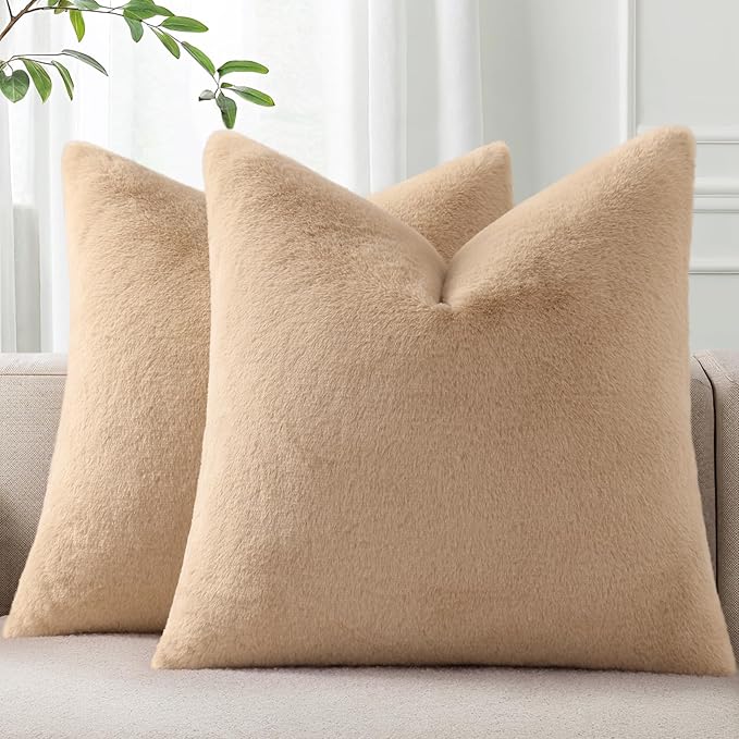 Pallene Faux Fur Plush Throw Pillow Covers 26x26 Set of 2, Soft Fluffy Couch Pillow Covers for Living Room, Khaki
