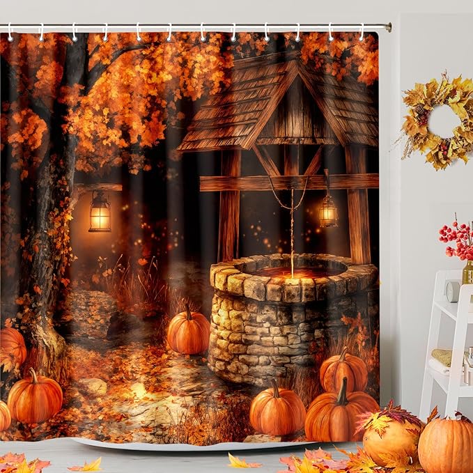 Fall Shower Curtain, Autumn Rustic Farmhouse Pumpkin Thanksgiving Harvest Shower Curtains for Bathroom， Halloween Holiday Bathroom Decorative with Hooks, Fall Bath Accessories 72"X72" Fabric Polyester