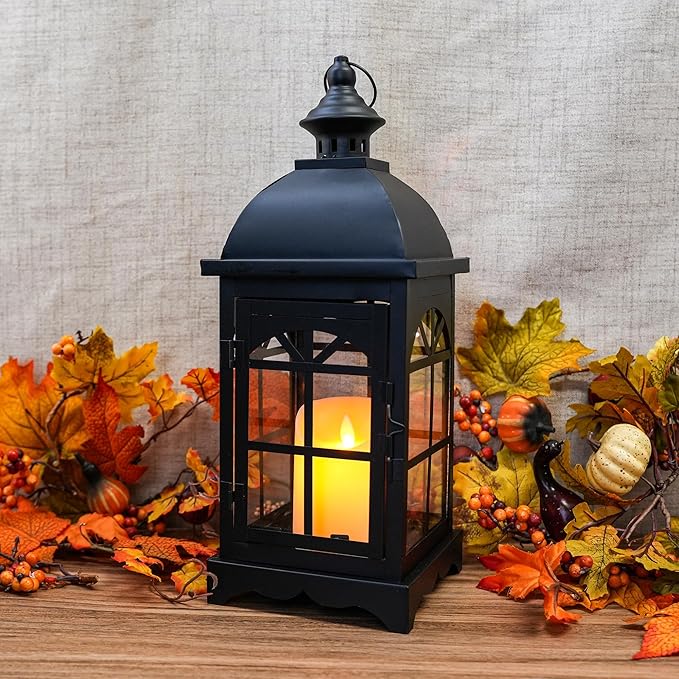 TRIROCKS Decorative Vintage Candle Lanterns 14.5" H Farmhouse Outdoor Hanging Lanterns with Tempered Glass for Porch, Balcony, Patio, Home, Centerpieces, Indoor, Outdoor(Black)