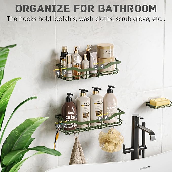 OMAIRA 3-Pack Shower Caddy with Soap Holder, Adhesive Rustproof No-drill Strudy Loading Inside Shower Organizer Shelves Rack Storage Bathroom Organization for Smooth Wall Glass Tile, Green (X-Large)
