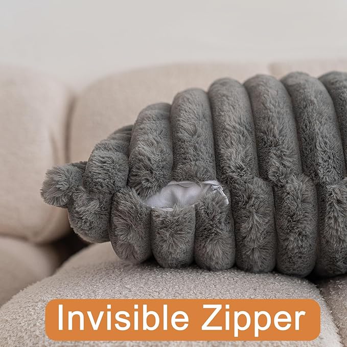 Double-Sided Faux Fur Plush Throw Pillow Covers 16x16 Set of 2 Fuzzy Striped Soft Cozy Pillowcase Luxury Decorative Pillows Square Shaggy Cushion Covers for Couch Sofa Bed,Dark Grey