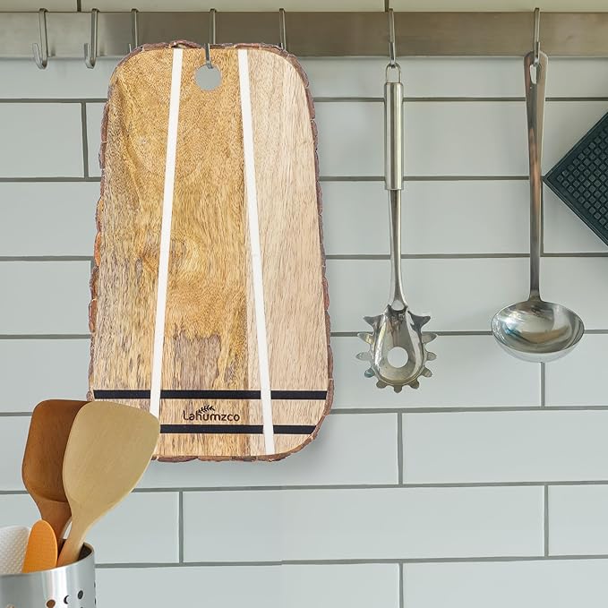 Mango Wood Oval Cutting Board Chopping Board, Cheese Board, and Charcuterie - Decorative Wooden Serving Board for Kitchen and Dining Room (Oval Striped, 14x8 Inches)