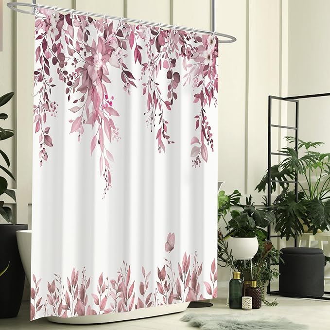 Eucalyptus Shower Curtain, Dark Red Watercolor Leaves with Floral Botanical Bathroom Decor, Waterproof Fabric Bath Curtain Set with Hooks, 72x72 Inches
