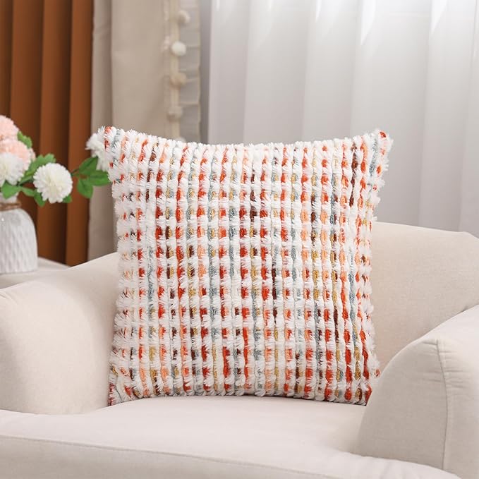 LUOYEHK Boho Throw Pillow Covers 18x18 Inch Set of 2 Chenille Tufted Pillowcase Farmhouse Neutral Cushion Covers for Couch Sofa Bed Living Room, Orange Red