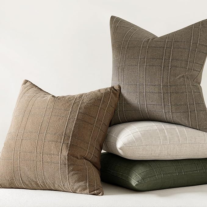 MIULEE Decorative Linen Check Throw Pillow Covers Neutral Farmhouse Vintage Pillow Covers 18x18 Set of 2 Boho Modern Winter Home Decor for Sofa Couch Bedroom Cushion Light Brown