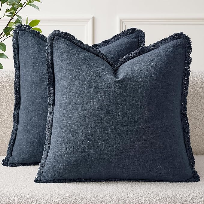 EMEMA Linen Fringe Throw Pillow Covers Set of 2 Boho Farmhouse Accent Decorative Pillowcase with Tassels for Couch Sofa Bed Living Room Home Decor 24x24 Inch,Indigo Blue