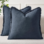 EMEMA Linen Fringe Throw Pillow Covers Set of 2 Boho Farmhouse Accent Decorative Pillowcase with Tassels for Couch Sofa Bed Living Room Home Decor 26x26 Inch,Indigo Blue