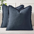 EMEMA Linen Fringe Throw Pillow Covers Set of 2 Boho Farmhouse Accent Decorative Pillowcase with Tassels for Couch Sofa Bed Living Room Home Decor 22x22 Inch,Indigo Blue