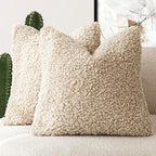 Foindtower 2 Pieces 24x24 Inch Light Khaki, 100% Polyester Throw Pillow Cover Accent Sherpa Pillow Fuzzy Soft Pillowcases Sheepskin Decorative Fleece Cushion Case for Bed Couch Living Room