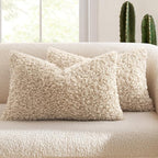MIULEE Pack of 2 Lumbar Faux Fur Throw Pillow Covers 12x20 Inch Neutral Oatmeal Boucle Decorative Sherpa Pillow Covers Fuzzy Accent Soft Sheepskin Fleece for Boho Home Decor Sofa Living Room Bed Chair