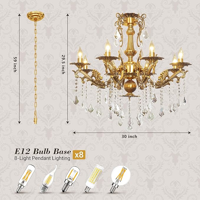Luxury Copper Crystal Chandelier, 30" Vintage K9 Crystal Pendant Light with 8 Lights, Antique Brass Finish Ceiling Light Fixture with Scrolled Arms for Dining Room Living Room Foyer Villa Hotel