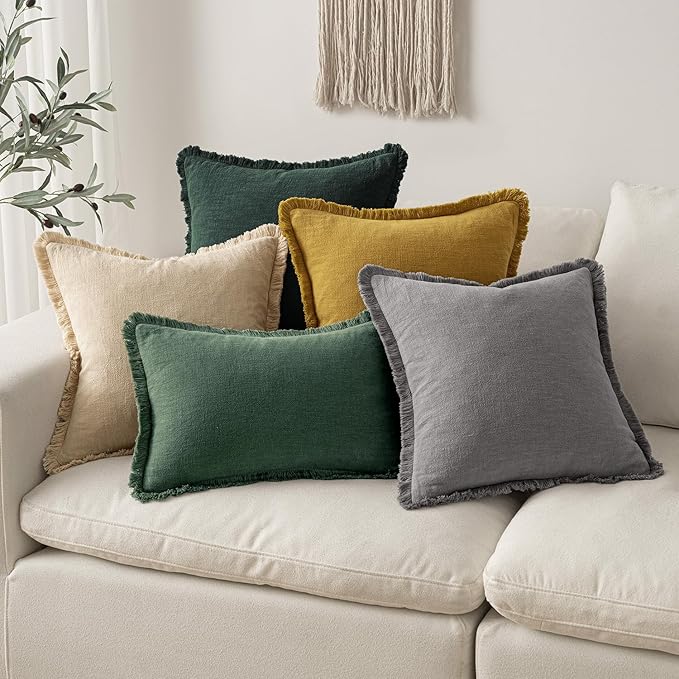 MIULEE Christmas Decorative Lumbar Throw Pillow Covers Neutral Linen Fringe Throw Pillows Set of 2 Army Green Boho Farmhouse Cushion Covers for Couch Sofa Bed Living Room Spring Home Decor 12x20 Inch