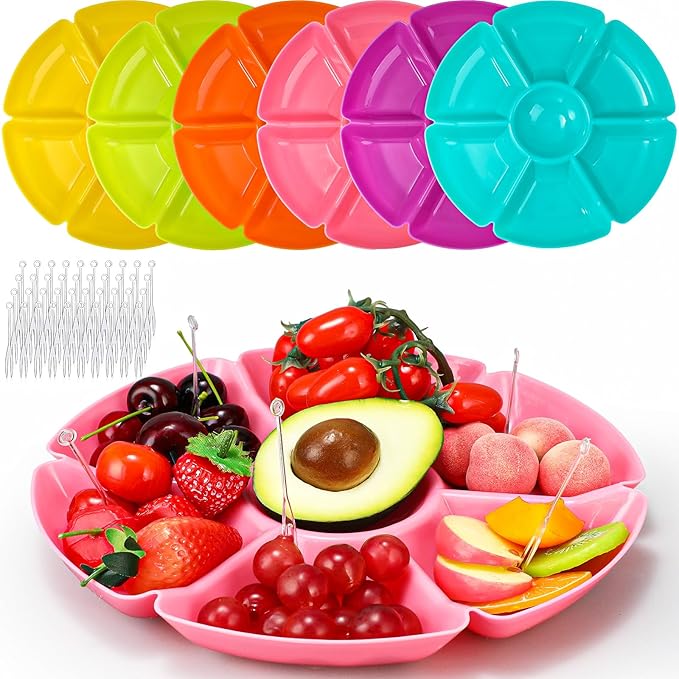 Zhehao 6 Pcs Plastic Divided Serving Trays with 60 Pcs Disposable Fork, 7 Compartments Round Chip Dip Plate, Petal Shape Platter, 10.6'' Snacks Serving Dish for Party Candy Nuts Fruits (Vibrant Color)