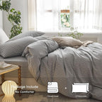 MooMee Striped Duvet Cover Set 100% Washed Cotton Linen Like Textured Breathable Durable Soft Comfy (Light Grey White Wide Stripes, King 104"x90")